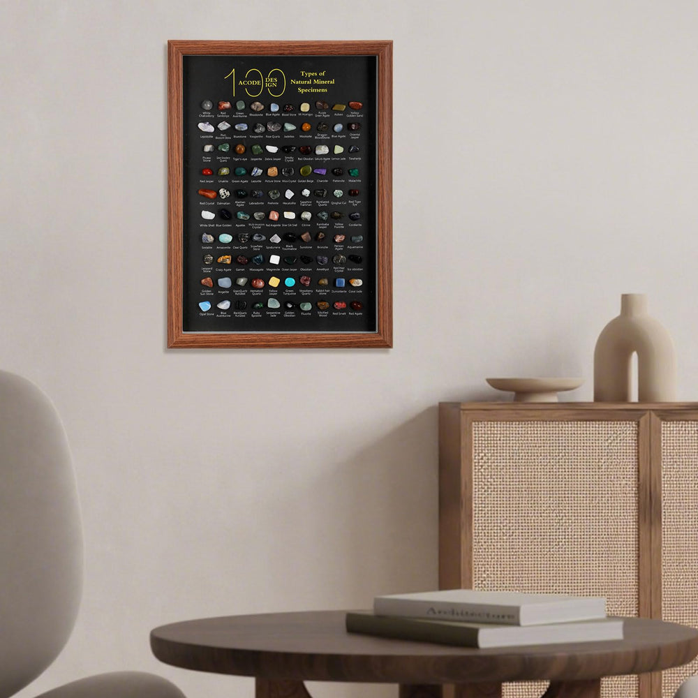 DoubleFill walnut frame display emphasizes labeled specimens for learning.