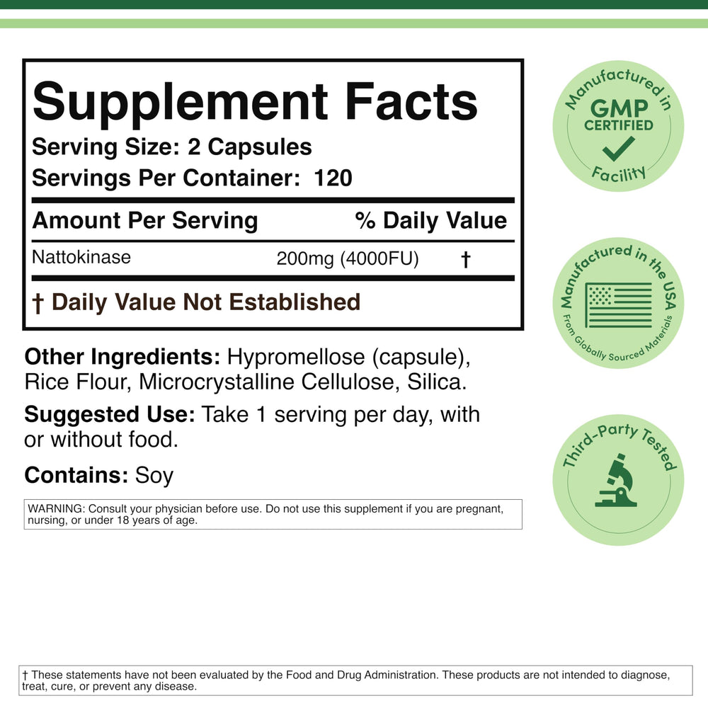 Double Wood Nattokinase label highlights non-GMO gluten-free formulation.