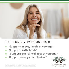 Double Wood NMN bottle label close-up emphasizing gluten-free formula
