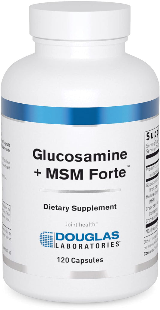 Douglas Laboratories Glucosamine + MSM Forte bottle emphasizing joint health support for aging adults.