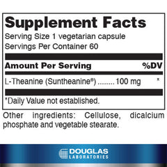 Douglas Laboratories L-Theanine bottle label shows 100 mg per vegetarian capsule.