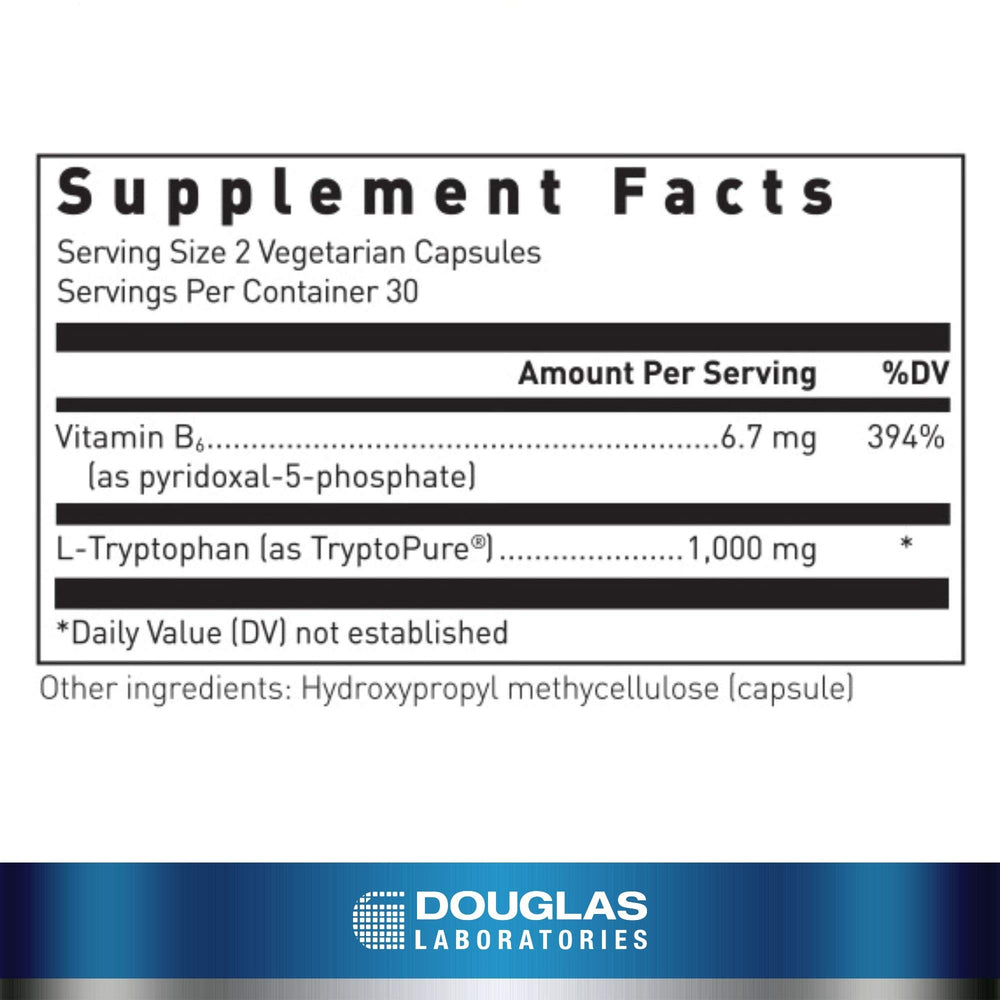 Close-up of Douglas Laboratories L-Tryptophan capsules highlighting vegetarian formula.