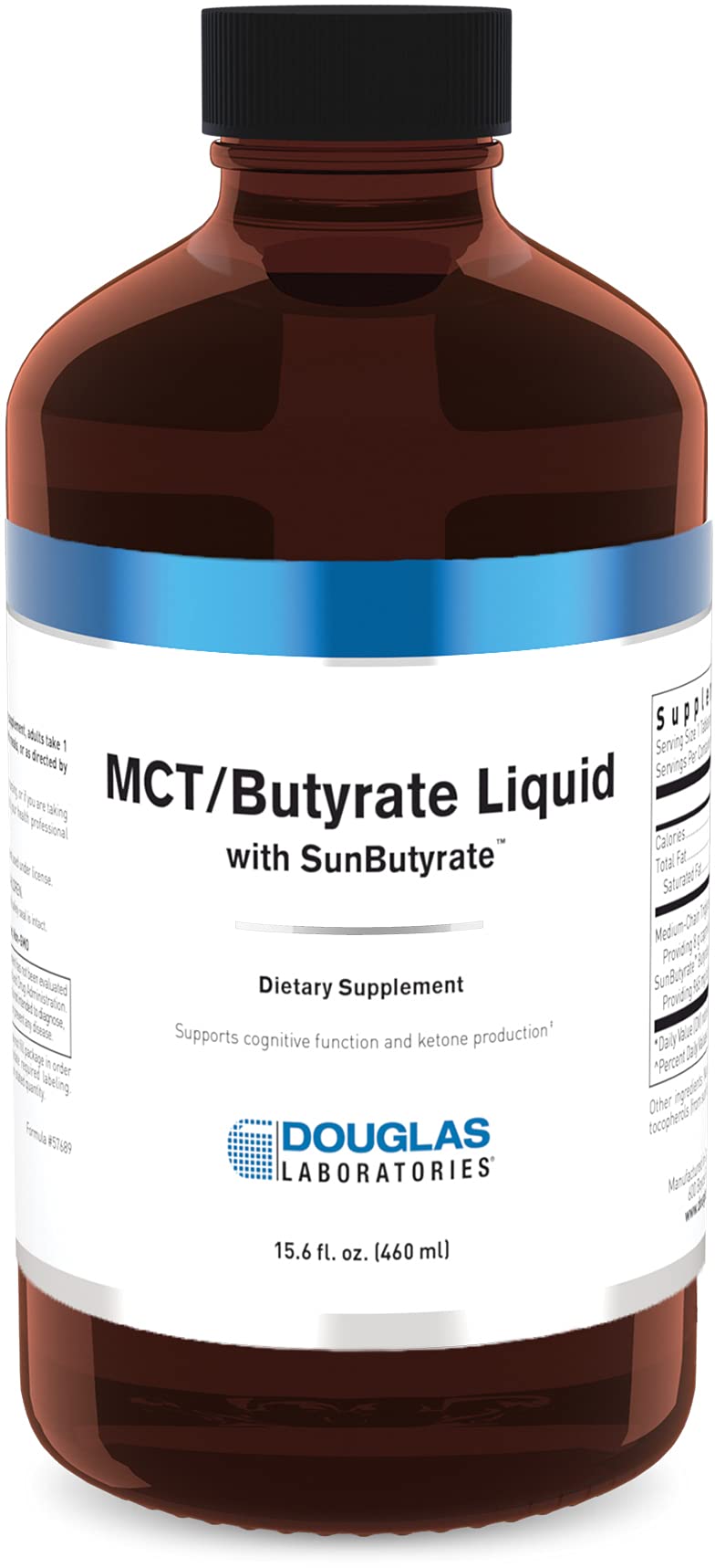 Douglas Laboratories MCT/Butyrate Liquid bottle on counter, highlighting SunButyrate for steady energy support.