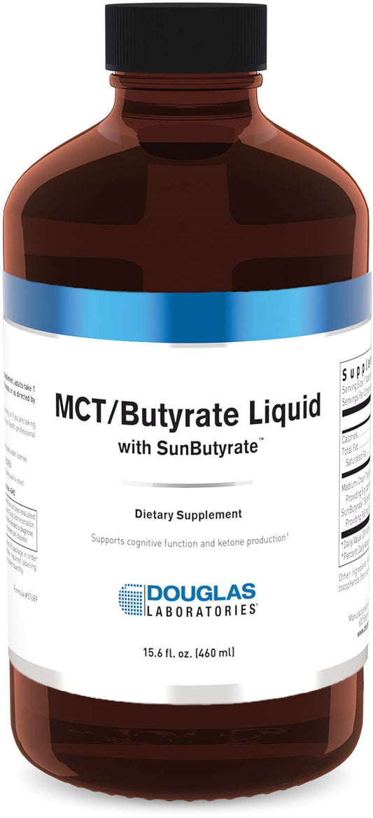 Douglas Laboratories MCT/Butyrate Liquid bottle on counter, highlighting SunButyrate for steady energy support.