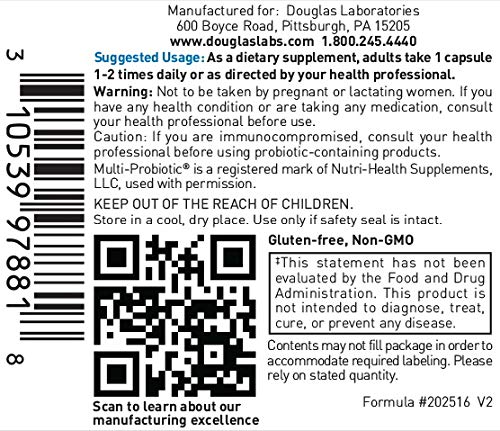 Douglas Laboratories Multi-Probiotic 15 Billion label with strain and prebiotic details.