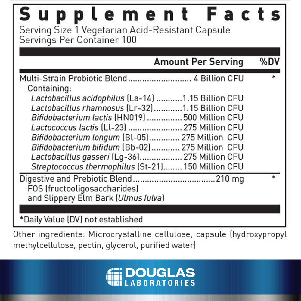 Close-up of Douglas Laboratories Multi-Probiotic capsules for daily gut balance
