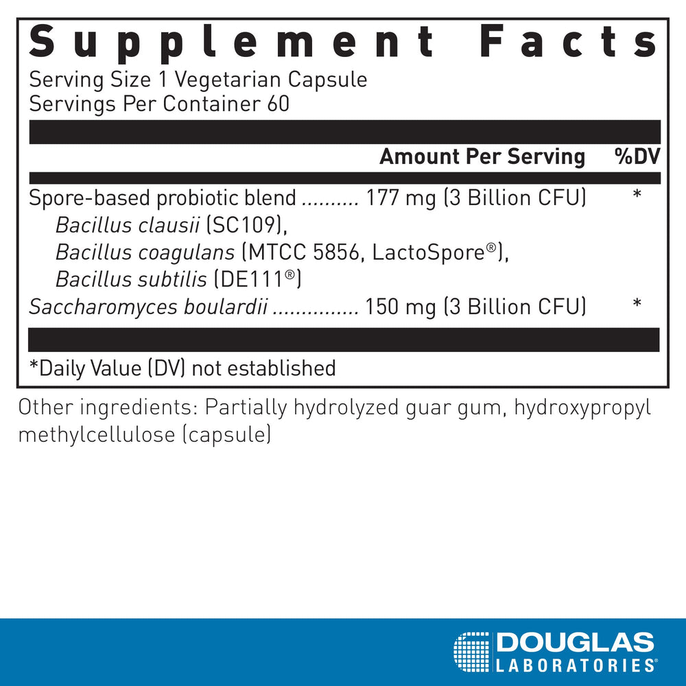 Douglas Laboratories Multi-Probiotic Spore + SBC capsules offer stable, shelf-friendly probiotic support