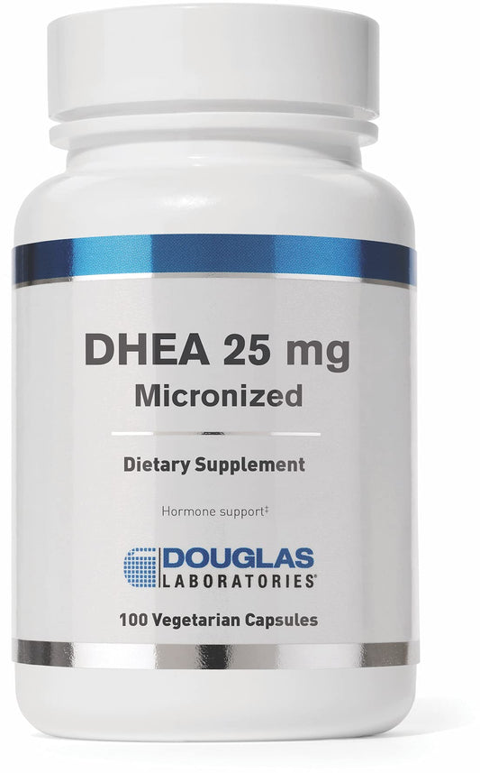 Douglas Laboratories DHEA 25 mg bottle on shelf highlights micronized capsules for daily support