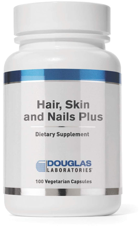 Douglas Laboratories Hair, Skin & Nail Plus bottle showing capsules for supporting healthy hair and nails.