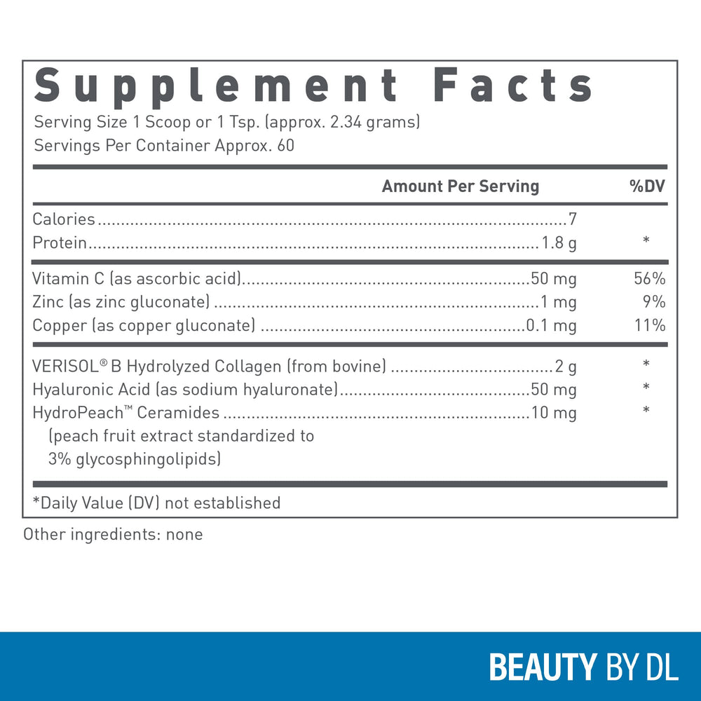 Douglas Laboratories Hydrolyzed Collagen+ scoop beside powder for easy daily use.