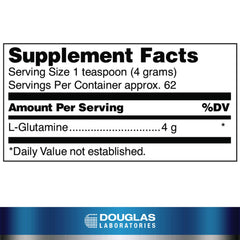 Douglas Laboratories L-Glutamine powder label highlights ingredients and GMP quality