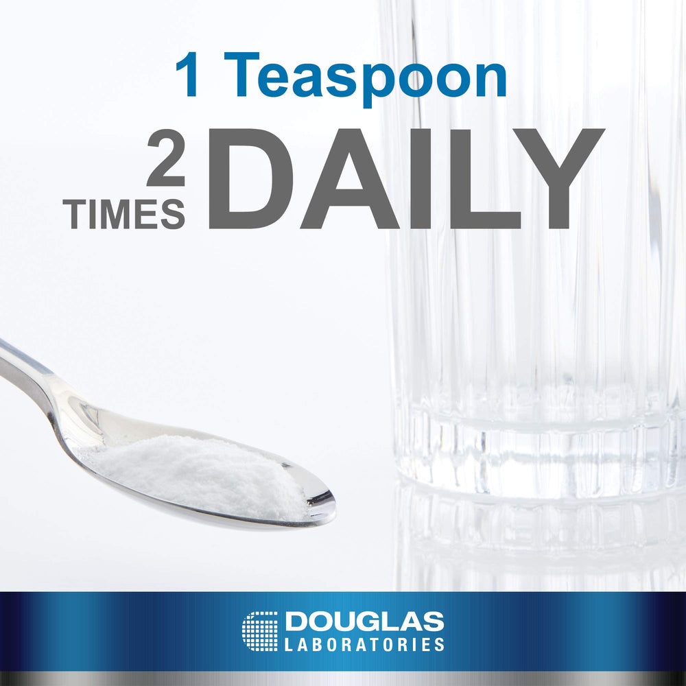 Douglas Laboratories L-Glutamine powder scoop beside container for measured usage