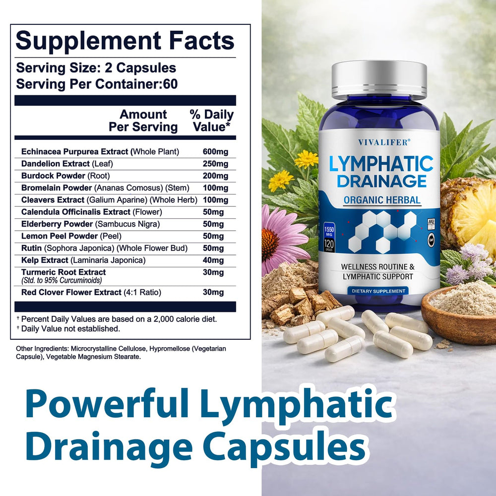 DQQI Lymphatic Drainage capsules beside a glass of water imply a simple hydration-friendly routine