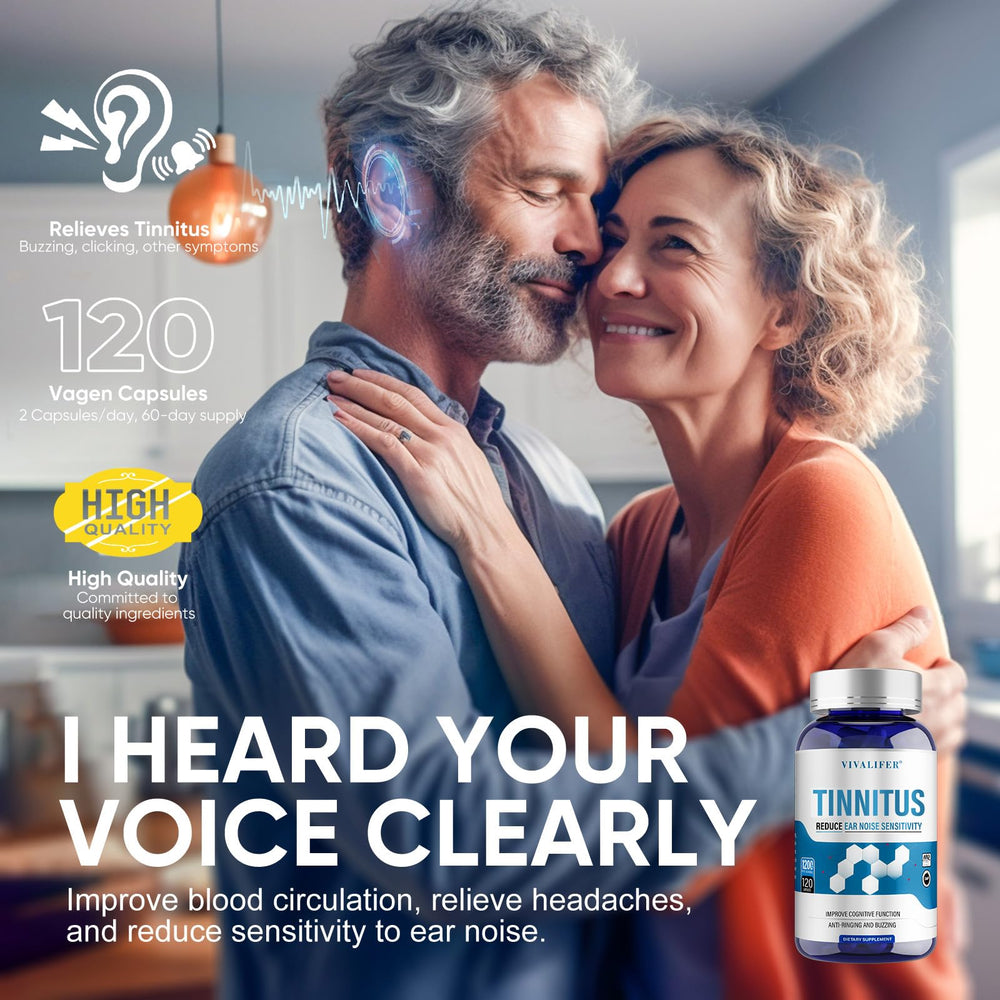 DQQI Tinnitus Relief bottle back label highlights ingredients and dosing for use.