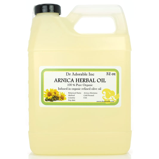 Dr Adorable Arnica Oil bottle showing 32oz purity for skin and hair care.