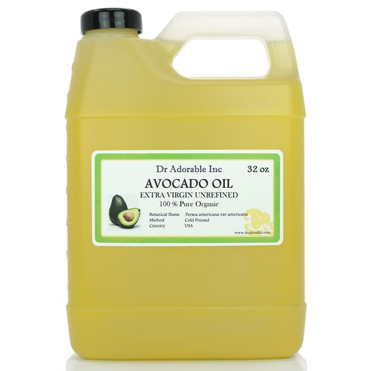 Dr Adorable Avocado Oil 32oz bottle shows pure cold-pressed nourishment for skin and hair.