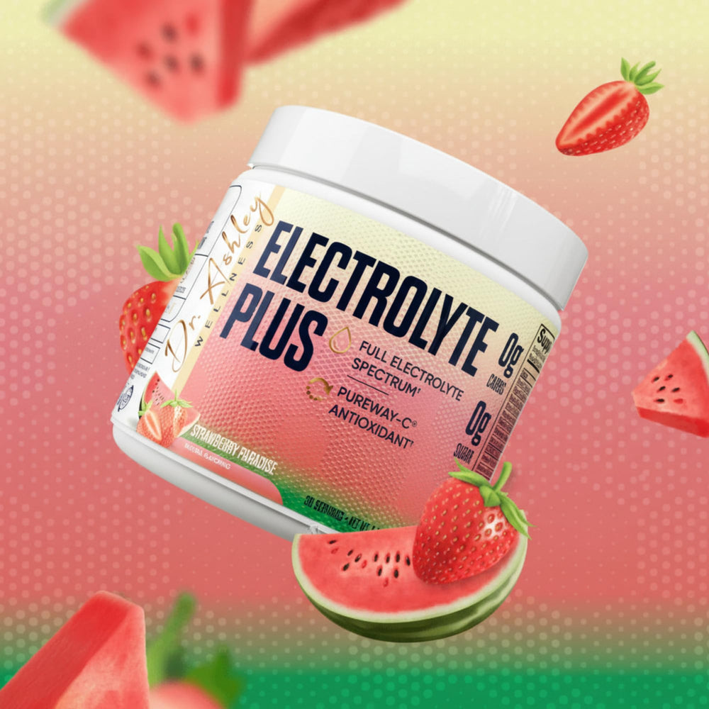Close-up shows full spectrum electrolytes inside Dr. Ashley Wellness product.