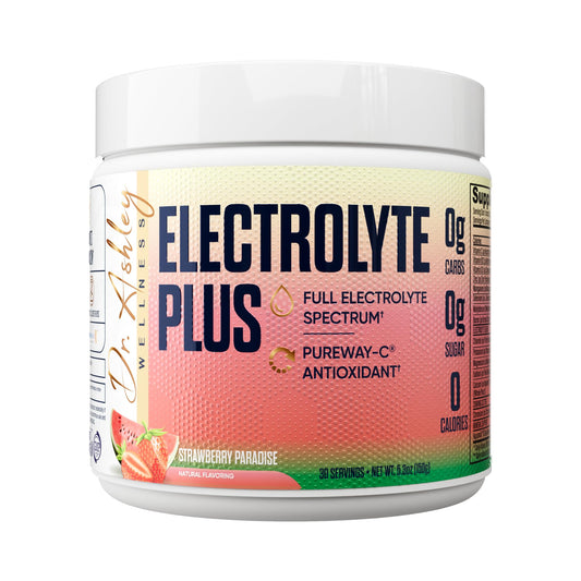 Dr. Ashley Wellness Electrolyte Plus powder in the strawberry paradise tub for hydration.
