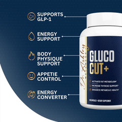 Dr. Ashley Wellness GlucoCut+ bottle back displaying dosage information for routine planning.