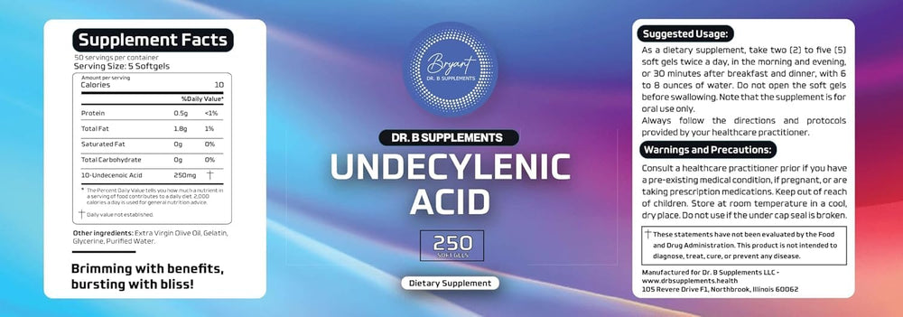 Dr B Supplements undecylenic acid packaging design emphasizing potency