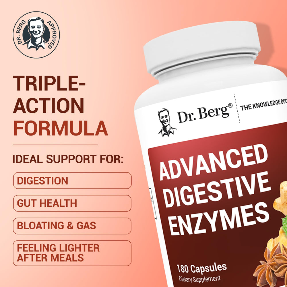 Dr. Berg Advanced Digestive Enzymes capsules closeup highlighting HCI and ACV for digestion support
