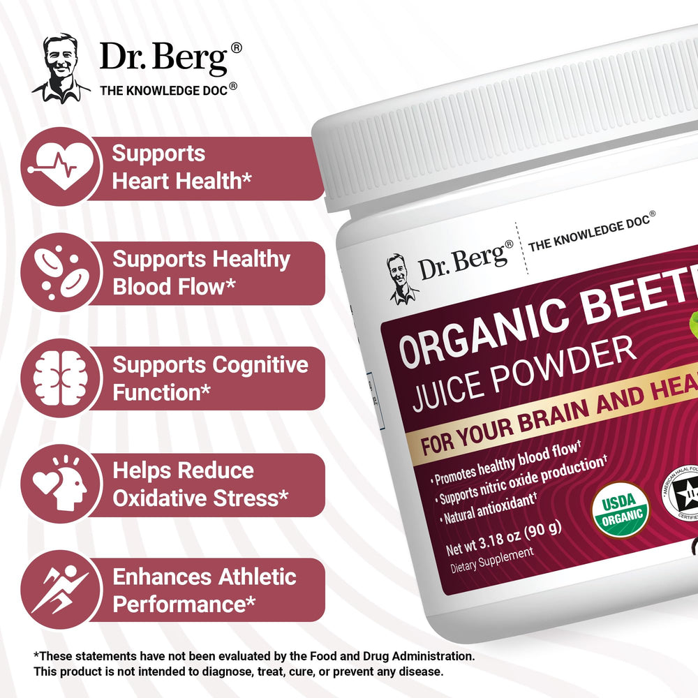 Back label on Dr. Berg Beet Powder emphasizing certifications and clean ingredients