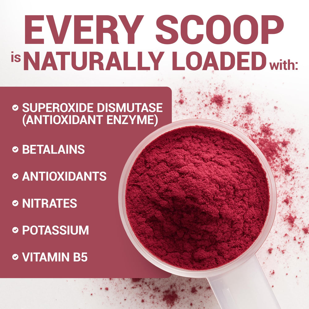 Measuring scoop with beet powder showing fine texture for quick boosts