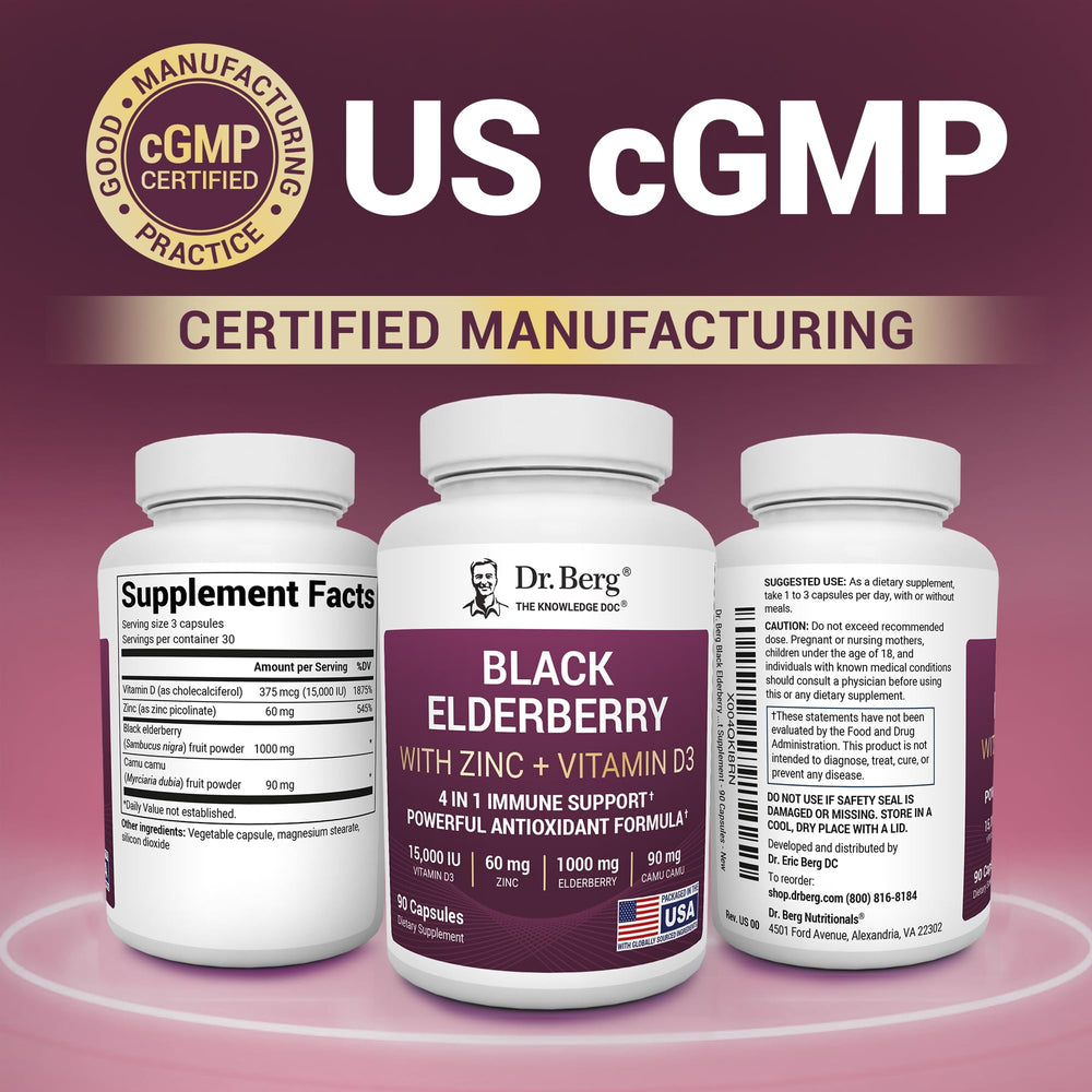 Dr. Berg Elderberry capsules close-up displaying bioactive nutrients.