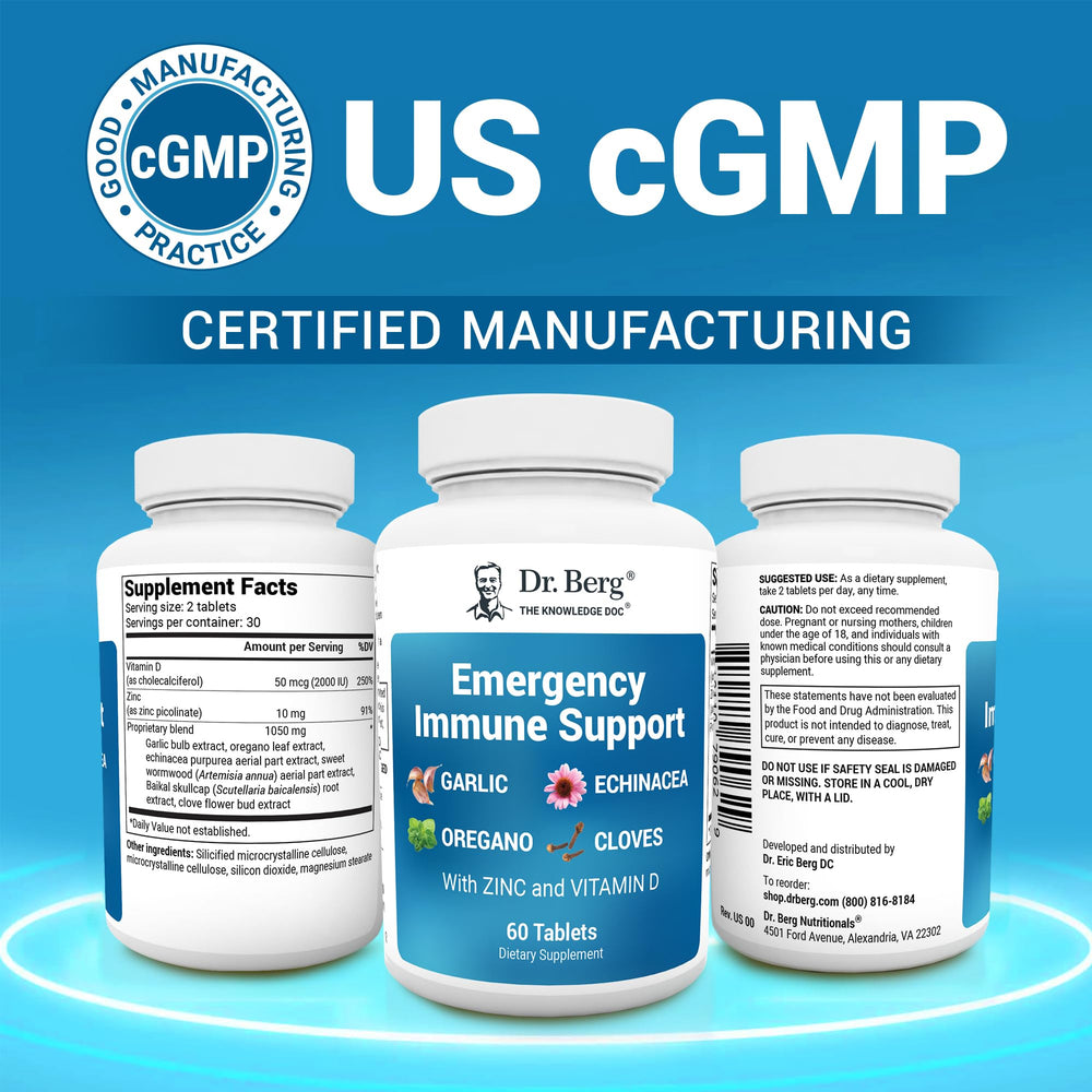 Dr. Berg Emergency Immune Support shows 2000 IU vitamin D and 10 mg zinc