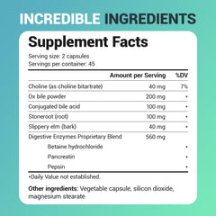 Dr. Berg Gallbladder Formula two capsules daily dosage shown with meal guidance.