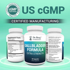 Dr. Berg Gallbladder Formula US GMP facility badge signaling quality manufacturing.