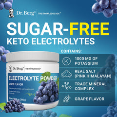 Dr. Berg grape flavor powder closeup suggesting tasty, sugar-free hydration.