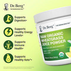 Dr. Berg Green Powder measuring scoop beside pack, easy serving.