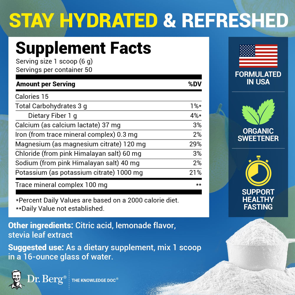 Dr. Berg Lemonade electrolyte dissolving in water demonstrates fast mix and refreshing flavor.