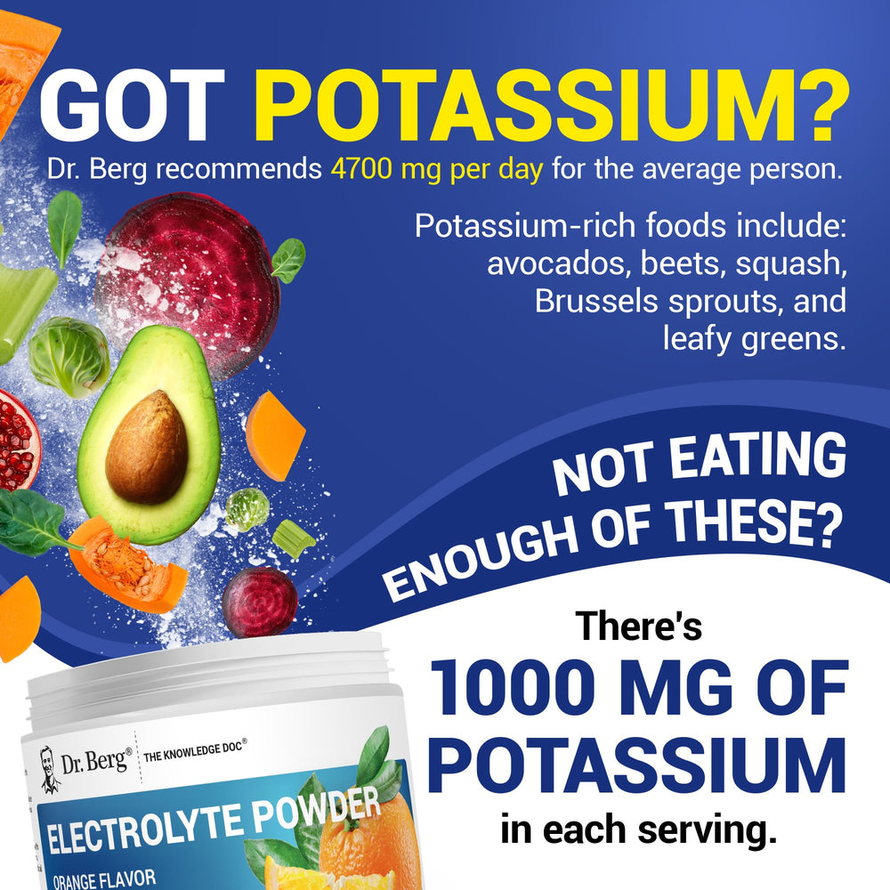 Label highlights 1000 mg potassium per serving in Dr. Berg product.