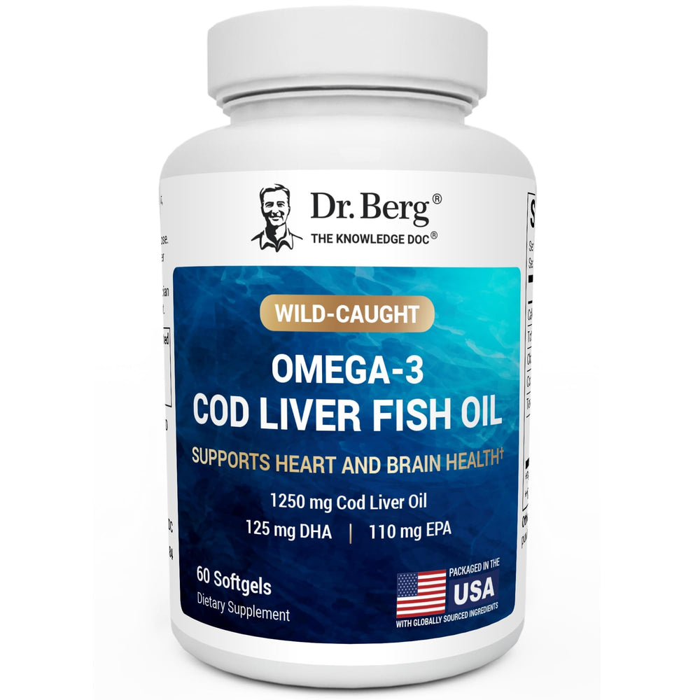 Dr. Berg Omega-3 Cod Liver Softgels bottle with lemon flavor for easy daily omega-3 intake