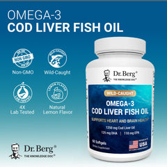 Dr. Berg Omega-3 label highlights wild Icelandic cod liver oil and lemon flavor