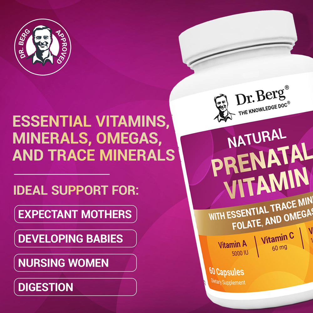 Dr. Berg Prenatal ingredients blend image highlighting folate, omegas, and superfoods.