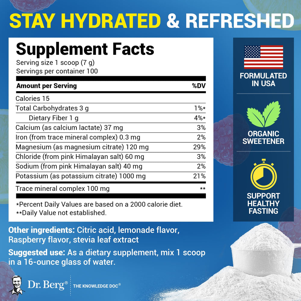 Dr. Berg Raspberry Lemon flavor poured into water for a sugar-free electrolyte boost