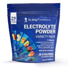 Dr. Berg packets arranged to highlight seven flavors for daily hydration variety