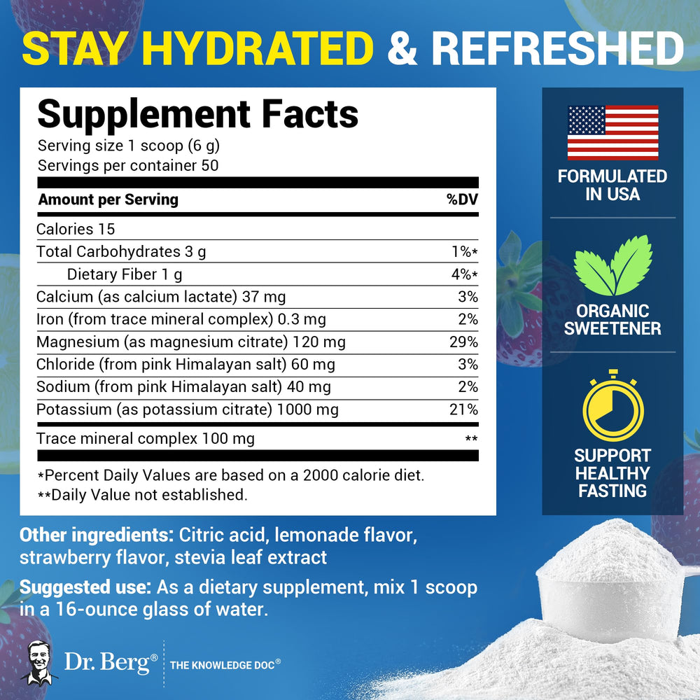 Dr. Berg Zero Sugar Hydration Strawberry Lemonade glass, refreshing and sugar-free.