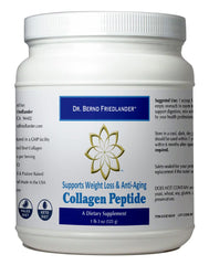 Dr. Bernd Friedlander collagen peptides bottle on kitchen counter for daily nutrition.
