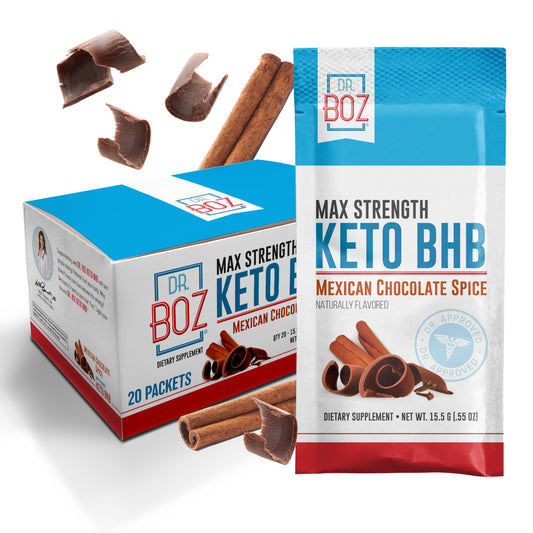 Dr. Boz Keto BHB powder Mexican Chocolate Spice tub front for premium ketone support.