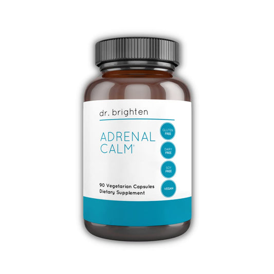 Dr. Brighten Adrenal Calm bottle with capsules for stress support, vegan and non-GMO.