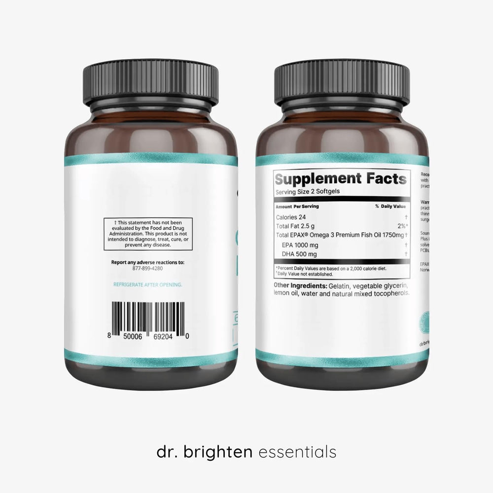 Dr. Brighten Omega Plus bottle back with supplement facts for transparency