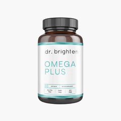Dr. Brighten Omega Plus bottle front showing high-potency omega-3 softgels