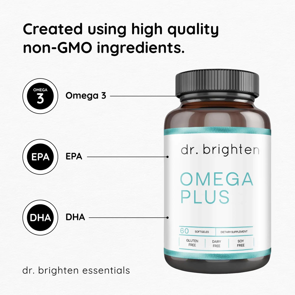 Dr. Brighten Omega Plus label closeup emphasizing lemon oil finishing touch
