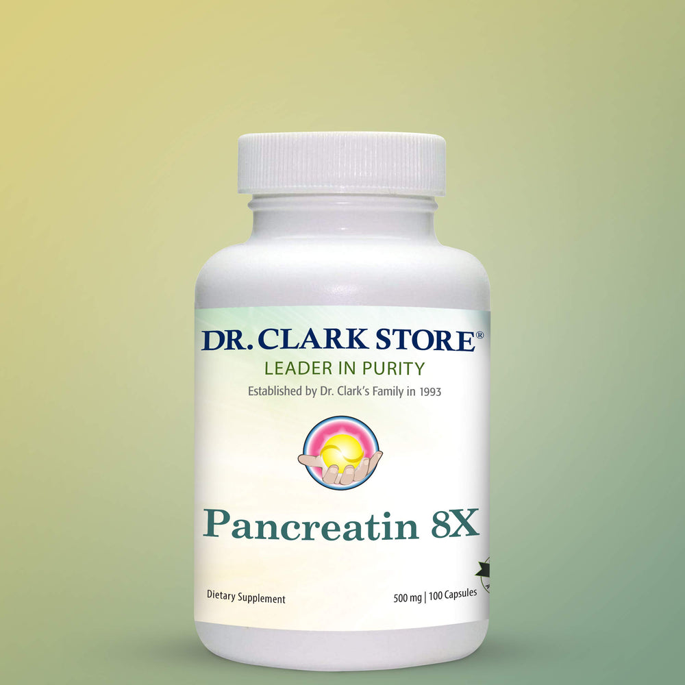 Bottle back label with testing notes for Dr. Clark Pancreatin 8X