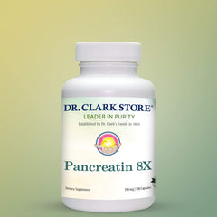 Bottle back label with testing notes for Dr. Clark Pancreatin 8X