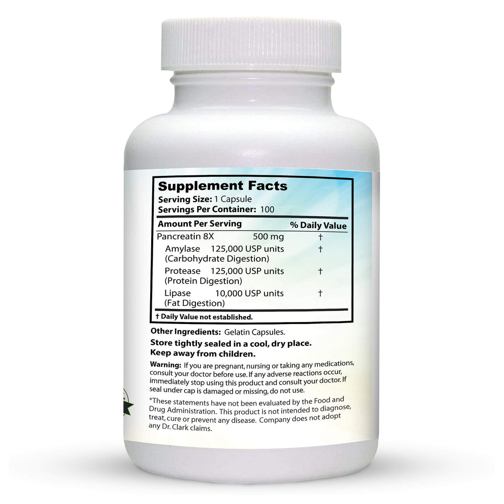 Label and ingredients of Dr. Clark Pancreatin 8X showing enzyme blend
